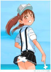 Rule 34 | 1girl, blue sky, brown eyes, brown hair, convenient censoring, day, from behind, grin, kantai collection, kitsuneno denpachi, looking at viewer, looking back, ocean, panties, pantyshot, pleated skirt, ryuujou (kancolle), shikigami, shirt, skirt, sky, sleeves rolled up, smile, solo, suspenders, translated, twintails, underwear, visor cap, white shirt