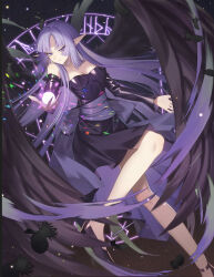 Rule 34 | 1girl, bare shoulders, black dress, black feathers, black wings, breasts, cluseller, commission, detached sleeves, dress, duel monster, falling feathers, feathered wings, feathers, high heels, highres, long hair, long sleeves, magic, magic circle, medium breasts, night wing sorceress, pointy ears, purple eyes, purple hair, skeb commission, solo, wings, yu-gi-oh!