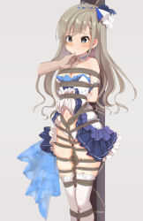 Rule 34 | absurdres, arms behind back, bare shoulders, bdsm, blue eyes, blush, bondage, bound, choker, closed mouth, clothes lift, crotch rope, dress, dress lift, earrings, hair ornament, hamuta (machosbrown), hand on another&#039;s chin, highres, hisakawa hayate, idolmaster, idolmaster cinderella girls, jewelry, legs together, long hair, looking at another, panties, silver hair, standing, strapless, strapless dress, thighhighs, tied to pole, underwear