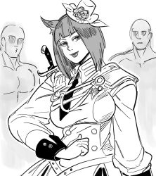 Rule 34 | 1girl, 2boys, animal ears, bad id, bb (baalbuddy), blunt bangs, bob cut, breasts, buttons, cat ears, collared jacket, double-breasted, final fantasy, final fantasy xiv, flower, greyscale, hat, hat flower, highres, inactive account, jacket, large breasts, lipstick, long sleeves, looking at viewer, makeup, medium hair, mini hat, mini top hat, miqo&#039;te, monochrome, multiple boys, necktie, short hair, simple background, skirt, smile, sword, sword behind back, top hat, warrior of light (ff14), weapon, weapon on back, white background, wing collar