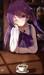 Rule 34 | 1girl, ;), ahoge, blurry, blurry background, blush, cafe, closed mouth, collared shirt, cup, floating hair, gochuumon wa usagi desu ka?, hair ornament, hairclip, head rest, head tilt, highres, indoors, long hair, long sleeves, looking at viewer, naonao (sherry), one eye closed, purple eyes, purple hair, purple neckwear, purple vest, rabbit house uniform, shirt, signature, sitting, smile, solo, teacup, tedeza rize, twintails, upper body, vest, white shirt, wing collar