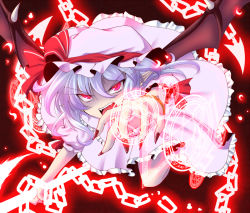 Rule 34 | 1girl, bat wings, blue hair, chain, colorized, fang, fangs, female focus, hat, kisaragi you, magic circle, nail polish, pointy ears, polearm, red eyes, remilia scarlet, slit pupils, solo, spear, touhou, weapon, wings