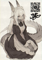 1girl absurdres apron chromatic_aberration collared_dress commentary_request dress furry furry_female highres horns long_hair long_sleeves looking_at_viewer maid maid_apron maid_headdress monochrome original qr_code signature sitting solo tail tomochiso twitter_x_logo