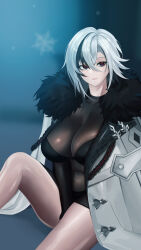 Rule 34 | 1girl, absurdres, arlecchino (genshin impact), black eyes, black hair, breasts, closed mouth, commentary, english commentary, fur collar, fur trim, gcg, genshin impact, grey hair, highres, jacket, large breasts, looking at viewer, medium hair, multicolored hair, open clothes, open jacket, red pupils, revision, sitting, solo, streaked hair, thighs, white jacket