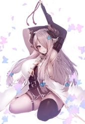 Rule 34 | 10s, 1girl, armpits, arms up, asymmetrical gloves, black gloves, black thighhighs, blue eyes, blush, braid, breasts, draph, elbow gloves, gloves, granblue fantasy, hair ornament, hair over one eye, horns, inayama, large breasts, light purple hair, light smile, long hair, looking at viewer, low-tied long hair, narmaya (granblue fantasy), parted lips, pointy ears, side braid, sideboob, single braid, single thighhigh, sitting, sleeveless, solo, thigh strap, thighhighs, uneven gloves, very long hair