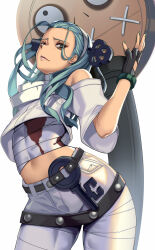 Rule 34 | 1girl, a.b.a, aqua nails, bags under eyes, bandaged neck, bandages, bare shoulders, black gloves, blood, blood on clothes, bloody bandages, fingerless gloves, gloves, green eyes, green hair, guilty gear, guilty gear strive, highres, key, key in head, long hair, looking at viewer, navel, object through head, paracelsus (guilty gear), short sleeves, stitched mouth, stitches, takanashi-a