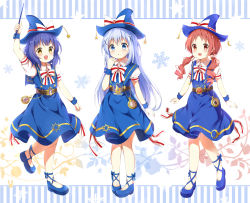 Rule 34 | 3girls, :d, absurdres, arm up, belt, blue dress, blue eyes, blue footwear, blue hair, blue headwear, blush, bow, brown belt, brown eyes, collared shirt, commentary request, dress, dress shirt, fang, gochuumon wa usagi desu ka?, hair between eyes, hair ornament, hair scrunchie, hand up, hat, hat bow, highres, holding, holding wand, jouga maya, kafuu chino, long hair, matching outfits, multiple girls, natsu megumi, no socks, open mouth, parted lips, pink scrunchie, pocket watch, puffy short sleeves, puffy sleeves, red eyes, red hair, ringlets, scrunchie, shirt, shoes, short sleeves, sleeveless, sleeveless dress, smile, star (symbol), stick jitb, striped, striped bow, twintails, vertical stripes, very long hair, wand, watch, white bow, white shirt, witch hat, wrist cuffs, x hair ornament