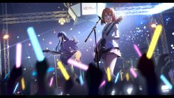 Rule 34 | 2girls, 6+others, :d, absurdres, akiyama mio, alisi, bass guitar, black hair, brown eyes, brown hair, commentary, concert, drum, drum set, electric guitar, glowstick, guitar, highres, hirasawa yui, holding, holding instrument, instrument, k-on!, letterboxed, long hair, microphone, microphone stand, multiple girls, multiple others, open mouth, pink skirt, revision, shirt, short hair, short sleeves, skirt, sleeves rolled up, smile, stage, white shirt