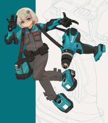 Rule 34 | 1girl, android, bag, boots, closed mouth, full body, goggles, grey jacket, grey pants, hair ornament, hairclip, highres, jacket, joints, looking at viewer, mechanical arms, medium hair, original, pants, polilla, power drill, power tool, red eyes, robot joints, shoulder bag, smile, solo, white hair