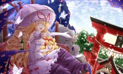 Rule 34 | 1girl, :d, blonde hair, bottle, breasts, bug, butterfly, cleavage, cloud, colored eyelashes, cup, day, dress, drill hair, drinking glass, dutch angle, elbow gloves, eyeball, gap (touhou), gloves, hat, hat ribbon, highres, bug, layered dress, long hair, looking at viewer, medium breasts, mob cap, open hand, open mouth, outdoors, outstretched hand, parasol, puffy short sleeves, puffy sleeves, purple eyes, purple skirt, ribbon, rope, ruins, shide, shimenawa, short sleeves, shrine, sitting, skirt, sky, smile, solo, tamasan, torii, touhou, umbrella, very long hair, wine bottle, wine glass, yakumo yukari