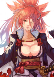 Rule 34 | 1girl, amputee, baiken, big hair, black jacket, black kimono, blue eyes, breasts, facial tattoo, guilty gear, guilty gear strive, highres, jacket, jacket on shoulders, japanese clothes, katana, kimono, large breasts, levvellevvel, long hair, long sleeves, looking at viewer, multicolored clothes, multicolored kimono, one-eyed, pink hair, ponytail, samurai, sash, scar, scar across eye, sword, tattoo, torn sleeve, weapon, white kimono