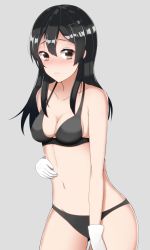 Rule 34 | 10s, 1girl, ass, bad id, bad pixiv id, bare shoulders, bikini, black eyes, black hair, breasts, collarbone, gloves, grey background, grey eyes, hair between eyes, hair ornament, hairclip, kamenoyou, kantai collection, long hair, looking at viewer, medium breasts, navel, oyashio (kancolle), simple background, solo, standing, stomach, swimsuit, thigh gap, thighs, white gloves