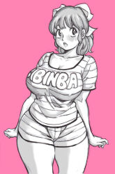 Rule 34 | 1girl, bare legs, bibimba, blush, breasts, character name, curvy, greyscale, greyscale with colored background, hair ribbon, kinnikuman, large breasts, lips, looking at viewer, millefeuille, monochrome, open mouth, pink background, plump, ponytail, print shirt, ribbon, shirt, short shorts, shorts, simple background, solo, standing, striped clothes, striped shirt, striped shorts, wide hips