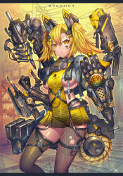 Rule 34 | 1girl, blonde hair, breasts, circular saw, cyberpunk, fishnet thighhighs, fishnets, gauntlets, gia, headgear, highres, letterboxed, looking at viewer, mecha musume, medium breasts, miniskirt, original, pile bunker, prosthesis, prosthetic arm, saw, single gauntlet, skirt, solo, thighhighs, twintails, underboob, yellow eyes, yellow theme
