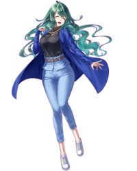 1girl bandai black_camisole black_shirt blue_coat blue_pants breasts camisole cleavage closed_eyes coat curvy denim digimon digimon_card_game digimon_liberator full_body green_hair kazuki_seihou kazuki_suzune large_breasts long_hair long_sleeves mole mole_under_eye nail_polish official_art open_clothes open_coat pants see-through_clothes see-through_cleavage see-through_shirt shirt shoes simple_background sneakers solo transparent_background wavy_hair white_footwear wide_hips