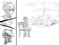 Rule 34 | 1girl, chair, cirno, comic, embodiment of scarlet devil, explosion, glasses, greyscale, monochrome, non-web source, ribbon, silent comic, socks, sunglasses, touhou, wings