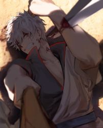 Rule 34 | 1boy, blood, blood on face, clenched teeth, gintama, highres, holding, holding sword, holding weapon, injury, lying, male focus, on back, on ground, red eyes, sakata gintoki, solo, spotaka, stab, sword, teeth, weapon, white hair, wooden sword