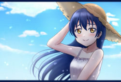 Rule 34 | 1girl, artist name, artist request, blue hair, blue sky, blush, breasts, brown eyes, brown hat, cloud, day, dress, female focus, floating hair, hair between eyes, hat, long hair, looking at viewer, love live!, love live! school idol project, outdoors, parted lips, pink lips, plaid, plaid dress, pleated, pleated dress, sky, sleeveless, sleeveless dress, small breasts, smile, solo, sonoda umi, sun hat, upper body, wavy hair, white dress, yellow eyes