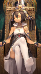 Rule 34 | 1girl, absurdres, bible bullet, black hair, chair, choker, egyptian clothes, closed eyes, feet, fingerless gloves, gloves, han-0v0, headdress, highres, horns, crossed legs, long hair, no shoes, pout, sitting, soles, solo, thighhighs