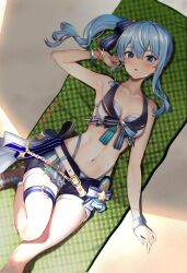 Rule 34 | 1girl, :o, absurdres, armpits, barefoot, beach towel, belt, bikini, bikini under shorts, blue eyes, blue hair, blush, bracelet, breasts, collarbone, commentary request, foot out of frame, highres, hololive, hololive summer 2023 swimsuit, hoshimachi suisei, jewelry, knee up, legs, looking at viewer, lying, navel, on back, open fly, open mouth, panty straps, pukara, short shorts, shorts, side ponytail, small breasts, solo, stomach, swimsuit, thigh strap, thighs, toeless footwear, towel, virtual youtuber, white belt
