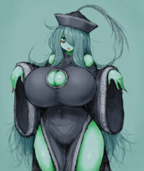 Rule 34 | 1girl, 2b-ge, ahoge, bags under eyes, bare shoulders, blush, breasts, cleavage, cleavage cutout, clothing cutout, covered navel, eyelashes, female focus, green theme, grey background, hair over one eye, half-closed eyes, hip vent, huge breasts, jiangshi, jiangshi costume, legs, limited palette, long hair, looking at viewer, mei (2b-ge), navel, open mouth, original, skindentation, solo, spot color, thick thighs, thighs, wide hips, wide sleeves
