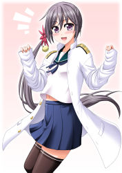 Rule 34 | 1girl, :d, admiral (kancolle), admiral (kancolle) (cosplay), akebono (kancolle), alternate costume, bell, black thighhighs, commentary request, cosplay, dress, flower, gradient background, grey hair, hair bell, hair flower, hair ornament, kantai collection, kiryuu makoto, long hair, looking at viewer, military, military uniform, naval uniform, navel, open mouth, pleated skirt, purple dress, school uniform, serafuku, side ponytail, simple background, skirt, smile, solo, thighhighs, uniform, zettai ryouiki