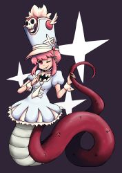 10s 1girl female_focus hat highres jakuzure_nonon kill_la_kill lamia miju monster_girl name_connection one_eye_closed pink_hair pun short_hair solo vee_(mijudraws) wink