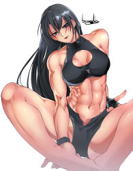 Rule 34 | 1girl, abs, artist name, bare shoulders, barefoot, black hair, bowalia, breasts, cleavage cutout, clothing cutout, commentary, feet together, fingerless gloves, gloves, hand on own hip, knees apart feet together, long hair, looking at viewer, midriff, muscular, muscular female, navel, original, parted lips, purple eyes, short shorts, shorts, sitting, sleeveless, sleeveless turtleneck, solo, spread legs, turtleneck, unzipped, white background