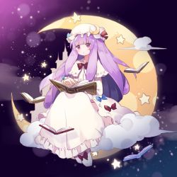 Rule 34 | blush, book, bow, eyebrows, fujii shino, hat, highres, holding, holding book, long hair, looking at viewer, moon, patchouli knowledge, purple eyes, purple hair, sitting, star (symbol), touhou