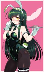 Rule 34 | 1girl, ahoge, animal ears, bare shoulders, black pantyhose, blush, border, breasts, cleavage, condom, condom wrapper, contrapposto, covered navel, detached collar, fake animal ears, food, gloves, green hair, green hairband, hairband, heart, heart in eye, highres, holding, holding tray, leotard, long hair, looking at viewer, medium breasts, mochi, null (nyanpyoun), open mouth, pantyhose, parted lips, pea pod, playboy bunny, rabbit ears, rabbit tail, skindentation, solo, strapless, strapless leotard, sweat, symbol in eye, tail, thigh strap, touhoku zunko, tray, very long hair, vocaloid, voiceroid, white border, white gloves, wrist cuffs, yellow eyes