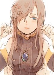 Rule 34 | 1girl, bare shoulders, blue eyes, breasts, brown dress, brown hair, brown robe, brown sleeves, commentary request, detached sleeves, dress, gem, gloves, hair over one eye, hands up, high collar, holding, holding jewelry, holding necklace, jewelry, light blush, long hair, looking at viewer, luke fon fabre, mada nemu i, medium breasts, necklace, parted lips, pendant, pov, purple gemstone, reflection, robe, sidelocks, simple background, solo, tales of (series), tales of the abyss, tear grants, upper body, white background, white gloves
