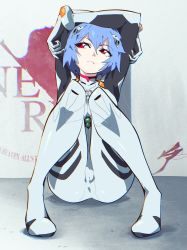 Rule 34 | 1girl, absurdres, aetherion, arms up, ayanami rei, blue hair, bodysuit, closed mouth, facing viewer, female focus, frown, full body, hair ornament, highres, interface headset, knees together feet apart, looking to the side, neon genesis evangelion, nerv, on floor, plugsuit, red eyes, short hair, sitting, solo, wall, white bodysuit