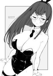 Rule 34 | 1girl, ascot, bare shoulders, blush, braid, breasts, cleavage, collarbone, commentary request, dated, detached collar, fishnet thighhighs, fishnets, glasses, grey background, hairband, highres, kichihachi, large breasts, leotard, monochrome, one eye closed, original, playboy bunny, solo, sweat, thighhighs, thighs, twin braids, twitter username, two-tone background, white background
