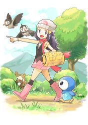 Rule 34 | 1girl, :d, beanie, bidoof, black shirt, boots, bracelet, bush, commentary request, creatures (company), dawn (pokemon), day, eyelashes, from side, game freak, gen 4 pokemon, grass, grey eyes, hat, highres, jewelry, ndnd ysys, nintendo, open mouth, outdoors, outstretched arm, over-kneehighs, pink footwear, pink skirt, piplup, pointing, pokemon, pokemon (creature), pokemon dppt, scarf, shirt, skirt, sleeveless, sleeveless shirt, smile, standing, starly, thighhighs, tongue, tree, white headwear