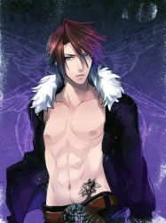 Rule 34 | 1990s (style), 1boy, abs, belt, bishounen, blue eyes, brown hair, final fantasy, final fantasy viii, fur collar, jacket, looking at viewer, male focus, muscular, nipples, open clothes, open jacket, open shirt, pectorals, pectorals, scar, shirt, solo, squall leonhart, standing, tattoo, wings