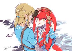 Rule 34 | 1boy, 1girl, blonde hair, blush, colored skin, fins, fish girl, headpat, jewelry, link, long hair, mipha, monster girl, multicolored skin, necklace, nintendo, no eyebrows, ponytail, red hair, red skin, serizawa nae, the legend of zelda, the legend of zelda: breath of the wild, white skin, yellow eyes, zora