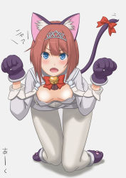 Rule 34 | 1girl, all fours, animal ears, animal hands, ark royal (kancolle), bell, blue eyes, blunt bangs, bob cut, bow, bowtie, breasts, cat ears, cat tail, cleavage cutout, clothing cutout, commentary request, downblouse, gloves, hairband, highres, inverted bob, jingle bell, kantai collection, kneeling, long sleeves, looking at viewer, pantyhose, paw gloves, paw shoes, red bow, red bowtie, red hair, short hair, shorts, simple background, small breasts, solo, t2r, tail, white background, white pantyhose, white shorts