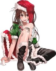 Rule 34 | 10s, 1girl, bag, bob (biyonbiyon), boots, breasts, brown hair, cape, fallen down, full body, hair between eyes, hat, kantai collection, long hair, lowres, machinery, necktie, official art, open clothes, open shirt, santa hat, shirt, solo, thighhighs, tone (kancolle), torn clothes, transparent background, twintails