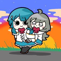 Rule 34 | 2girls, ahoge, aizawa kazuha, assault lily, black thighhighs, blue skirt, blue sky, blush, bow, bowtie, brown footwear, carrying, chibi, closed eyes, closed mouth, cloud, commentary, evening, full body, gradient sky, grass, grey hair, grey pantyhose, hair ornament, hairclip, herensuge girls academy school uniform, jacket, konpeitoull (c12h22o11 tr 6), long hair, long sleeves, looking at another, looking to the side, medium hair, miniskirt, multiple girls, orange sky, outdoors, pantyhose, piggyback, raised eyebrows, red bow, red bowtie, sasaki ran, school uniform, shoes, sideways glance, skirt, sky, sleeping, sleeping on person, sleeves past fingers, sleeves past wrists, smile, solid circle eyes, sun, sunset, thighhighs, walking, white jacket