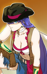Rule 34 | 1girl, abs, aoba (smartbeat), bikini, black hat, blue eyes, blue skirt, breasts, brown gloves, choker, cleavage, cowboy hat, cross, cross choker, earrings, fate/grand order, fate (series), gloves, hat, jewelry, large breasts, leather, leather gloves, long hair, looking at viewer, martha (fate), martha (swimsuit ruler) (fate), purple eyes, skirt, solo, swimsuit, very long hair, white bikini, white choker