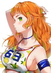 Rule 34 | 1girl, :o, arm behind head, armband, bare shoulders, blue choker, blue nails, blush, breasts, bustier, cherim, choker, food, fruit, green eyes, green hair, hair ornament, half updo, highres, large breasts, lime (fruit), lime print, long hair, looking at viewer, mole, mole on breast, mole under eye, multicolored hair, nail polish, orange hair, sideboob, solo, upper body, white background