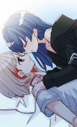 Rule 34 | 2girls, black choker, blue hair, blurry, choker, closed eyes, collarbone, colored inner hair, depth of field, face-to-face, facing another, girl on top, grey hair, hair down, hands on another&#039;s shoulders, hickey, highres, jacket, jacket partially removed, kanduki kamibukuro, blue background, light smile, link! like! love live!, long hair, long sleeves, looking at another, love live!, lying, mole, mole on neck, multicolored hair, multiple girls, murano sayaka, noses touching, on back, parted lips, red hair, shirt, short hair, streaked hair, vignetting, white shirt, yugiri tsuzuri, yuri