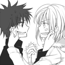 Rule 34 | accelerator (toaru majutsu no index), angry, greyscale, holding hands, kamijou touma, lowres, monochrome, short hair, spiked hair, spring water, toaru majutsu no index, white hair