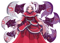 Rule 34 | capelet, commentary request, demon wings, dress, grey eyes, grey hair, hair bobbles, hair ornament, highres, infinity symbol, layered skirt, light rays, long hair, looking at viewer, multiple wings, nukekip, purple wings, red dress, ribbon, shinki (touhou), side ponytail, skirt, solo, touhou, touhou (pc-98), transparent background, turtleneck, white wings, wings