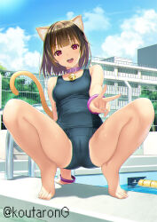 Rule 34 | 1girl, :d, animal ears, arm support, bare arms, bare legs, bare shoulders, barefoot, bell, blue one-piece swimsuit, blue sky, breasts, brown hair, building, cameltoe, cat ears, cat girl, cat tail, cleft of venus, cloud, cloudy sky, collar, collarbone, commentary request, covered navel, day, fingernails, jingle bell, koutaro, looking at viewer, neck bell, old school swimsuit, one-piece swimsuit, open mouth, original, outdoors, poolside, purple collar, red eyes, school swimsuit, sky, small breasts, smile, solo, spread legs, swimsuit, tail, tiptoes, twitter username, v, water, window