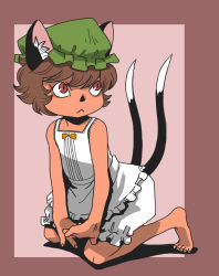 Rule 34 | 1girl, :&lt;, animal ears, bloomers, brown hair, cat ears, cat tail, chen, hat, multiple tails, onikobe rin, red eyes, short hair, tail, touhou, underwear, white bloomers