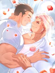Rule 34 | 2boys, absurdres, bara, character request, closed eyes, closed mouth, collared shirt, couple, facial hair, falling petals, flower, highres, jacket, large pectorals, looking at another, male focus, multiple boys, muscular, muscular male, pectorals, petals, protagonist 3 (housamo), red hair, red petals, rose, satou shouhei, shirt, short hair, smile, tokyo houkago summoners, upper body, white jacket, white shirt, yaoi
