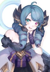 Rule 34 | 1girl, ahoge, bare shoulders, black bow, black gloves, black sleeves, blush, bow, breasts, detached sleeves, dress, drill hair, gloves, green eyes, green hair, grey dress, gwen (league of legends), hair bow, hand up, highres, index finger raised, large breasts, league of legends, long hair, looking at viewer, nakiyande, purple bow, scissors, smile, solo, twin drills, twintails, white background
