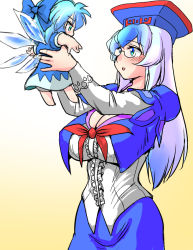 Rule 34 | 2girls, aged down, alternate costume, barefoot, blue dress, blue eyes, blue hair, blue ribbon, bow, breasts, cirno, cleavage, danna (karatekikku), dress, fairy wings, glasses, hair bow, ice, ice wings, kamishirasawa keine, large breasts, multicolored hair, multiple girls, puffy short sleeves, puffy sleeves, ribbon, short hair, short sleeves, silver hair, touhou, two-tone hair, wings