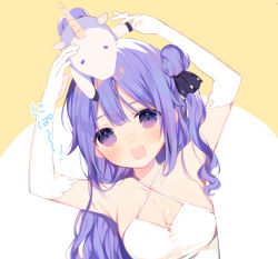 Rule 34 | 1girl, :d, armpits, arms up, azur lane, bad id, bad pixiv id, bare shoulders, beige background, black ribbon, blush, breasts, cleavage, collarbone, commentary request, criss-cross halter, dress, elbow gloves, eyebrows hidden by hair, gloves, hair bun, hair ribbon, halterneck, medium breasts, one side up, open mouth, purple eyes, purple hair, ribbon, round teeth, side bun, single hair bun, single side bun, smile, solo, stuffed animal, stuffed toy, stuffed unicorn, teeth, translation request, two-tone background, unicorn (azur lane), upper teeth only, white background, white dress, white gloves, yamori shiki